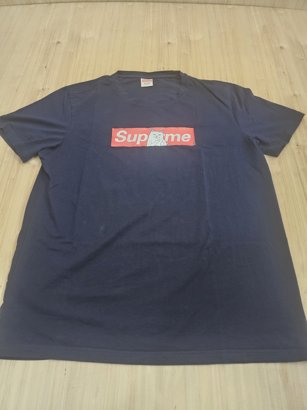 Supreme Navy Blue Graphic Logo T-Shirt with Red Box Logo Cat "Rare"
